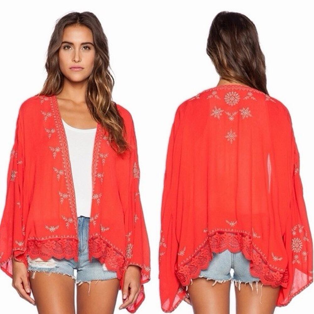Free People Fire Red Kimono Embroidered Size M Laced Hem